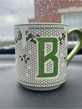 Anthropologie Festive Bistro Tile White Ceramic Mug Green Monogram B